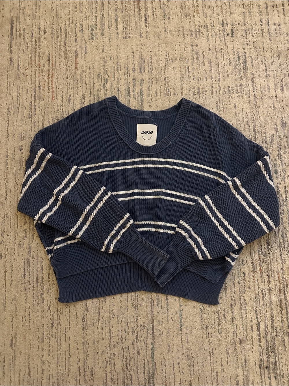 aerie Navy and White Striped Crewneck Sweater